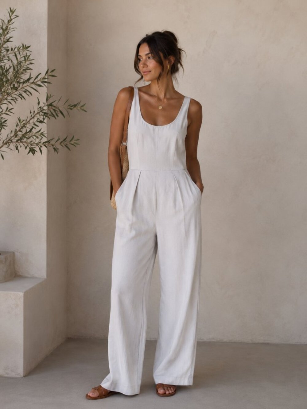 Bar III Womens Core Jumpsuit Small White Sleeveless Wide-Leg Crema Style 1001912